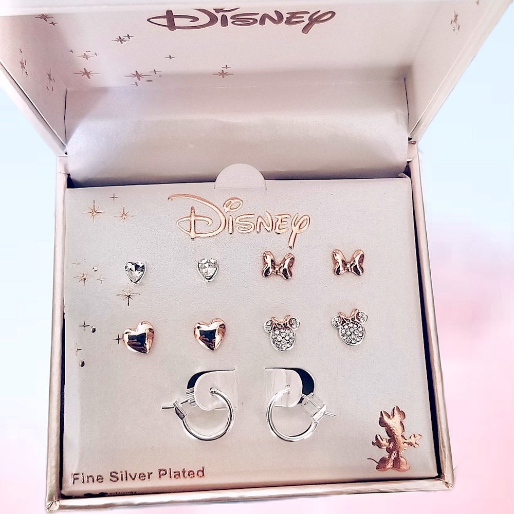 NEW DISNEY Fine Silver Stud Earrings Jewelry Set In Box Minnie Mouse Bling Bow